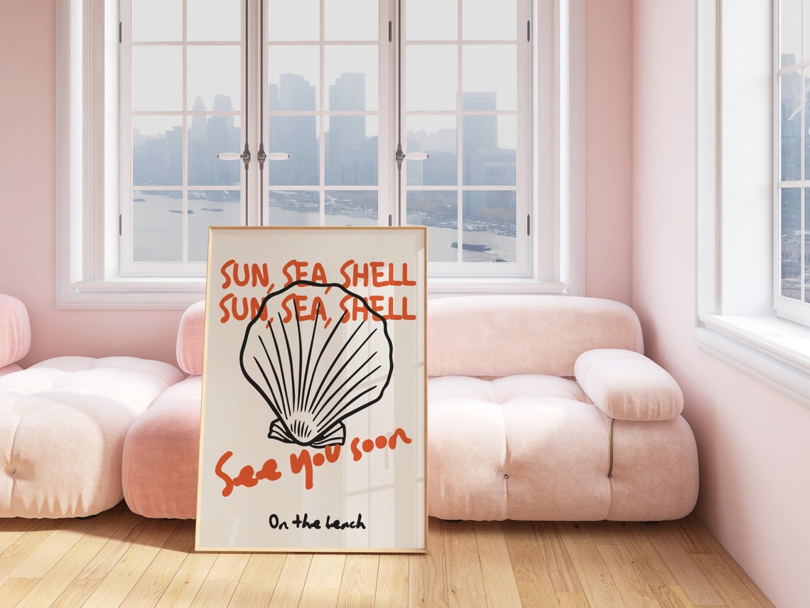 Sun Sea Shell Seashell Line Art Beach Coastal Typography Art Poster - Image 3