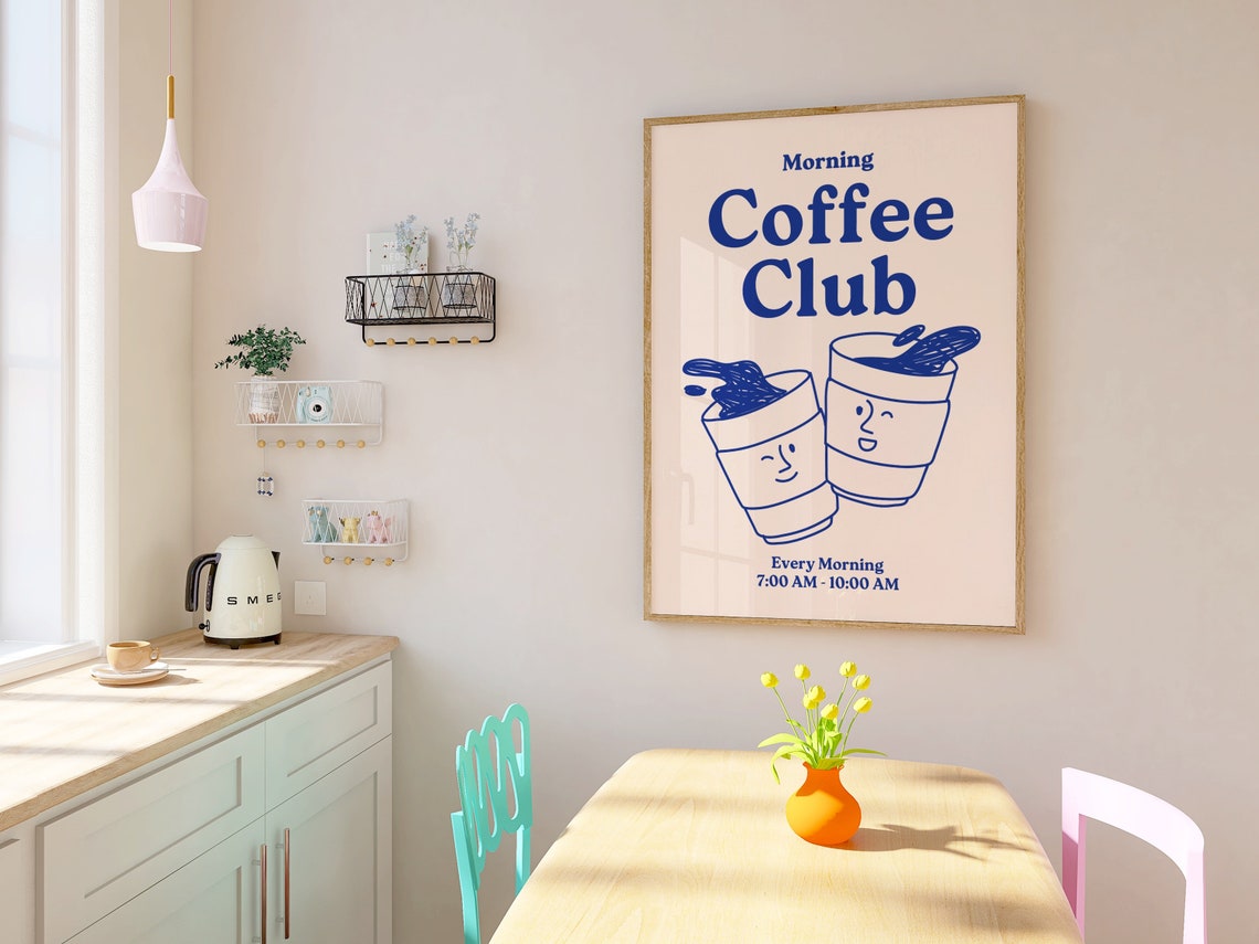 Morning Coffee Club Blue Typography Smiling Coffee Cups Kitchen Poster - Image 3