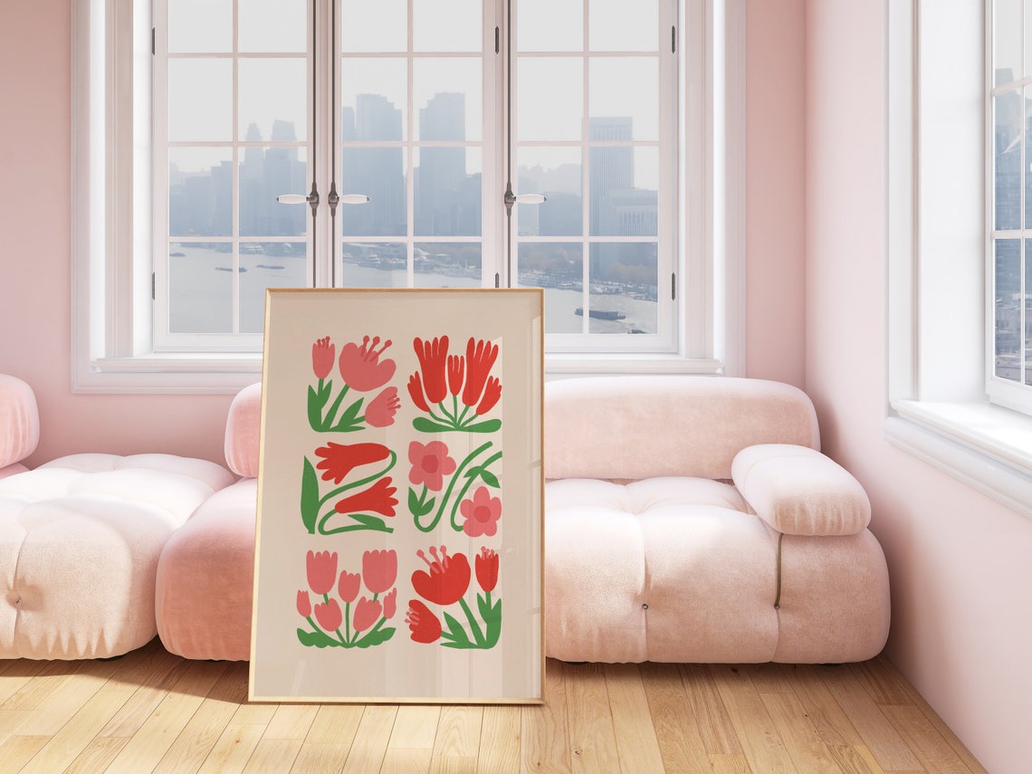 Pink Red Funky Flower Grid Danish Pastel Botanical Art Poster - Image 2