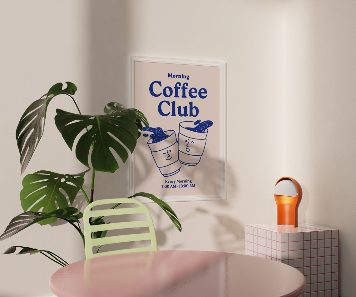 Morning Coffee Club Blue Typography Smiling Coffee Cups Kitchen Poster - Image 2