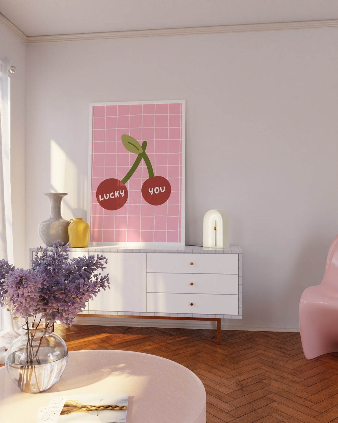 Lucky You Cherry Fruit Retro Pink Grid Cute Food Kitchen Art Poster - Image 2