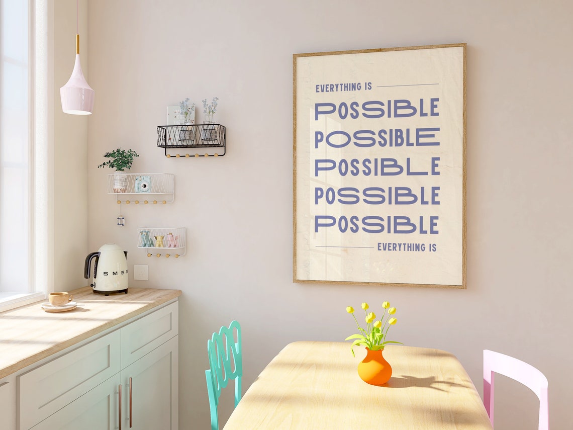 Everything Is Possible Print Pastel Typography Wall Art Funky Prints Motivational Simple Quote Wall Art Minimalistic Beige Print - Image 2