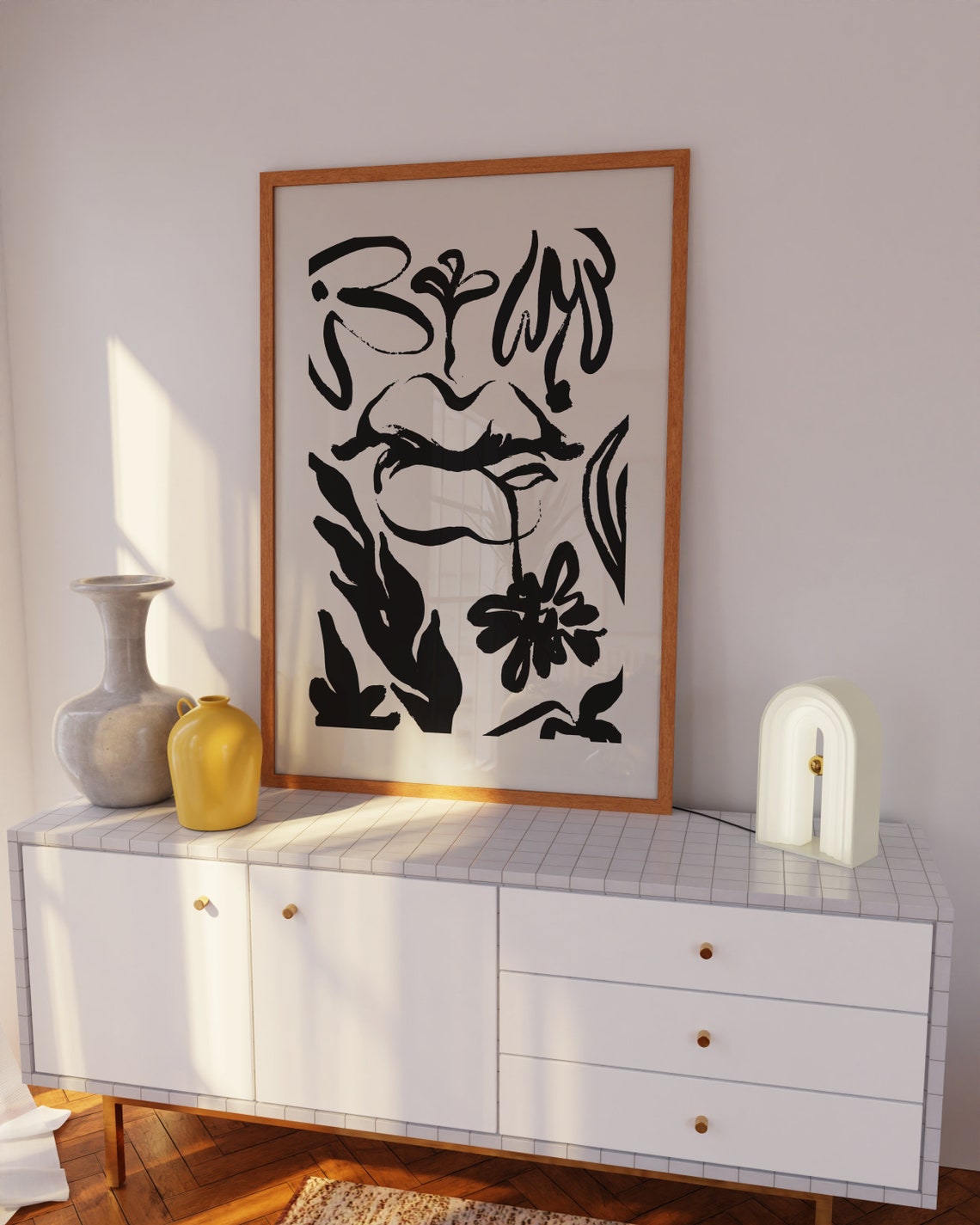 Abstract Lips And Flowers Black Brushstroke Eclectic Art Poster - Image 2