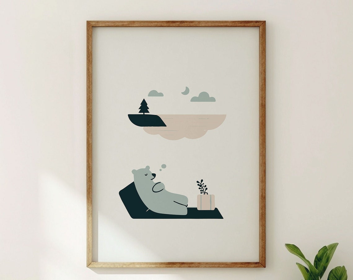 Cute Daydreaming Polar Bear Moon Lake Cream Kids Room Poster