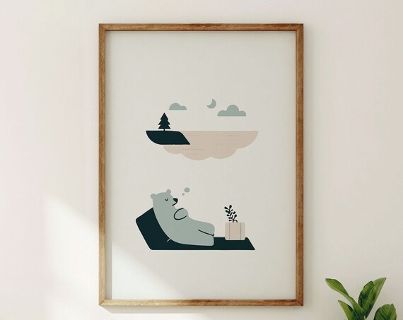 Cute Daydreaming Polar Bear Moon Lake Cream Kids Room Poster
