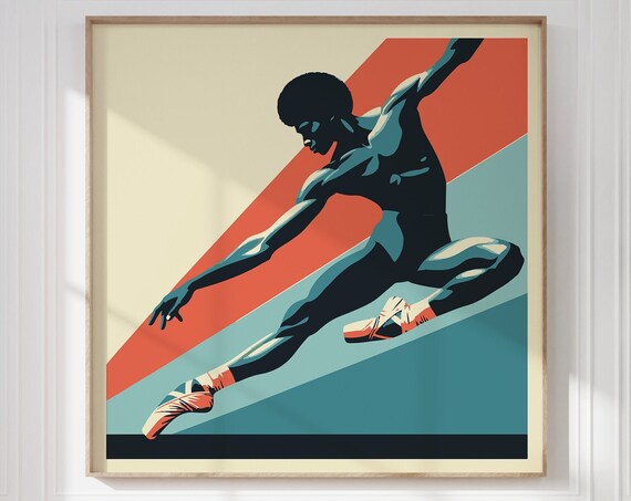 Male Ballet Dancer Leap Retro Geometric Coral Teal Dance Wall Art