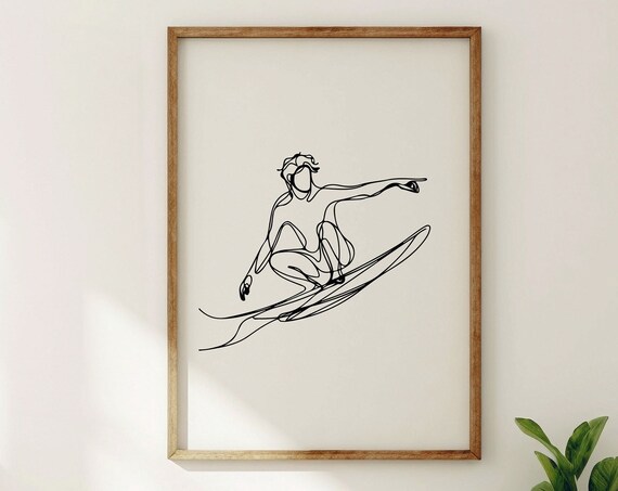 Framed Minimalist Surfer Line Art Print For Cool Interior Minimalistic Wall Art I Black And White Surfer Poster I Frame Included Surfer Gift