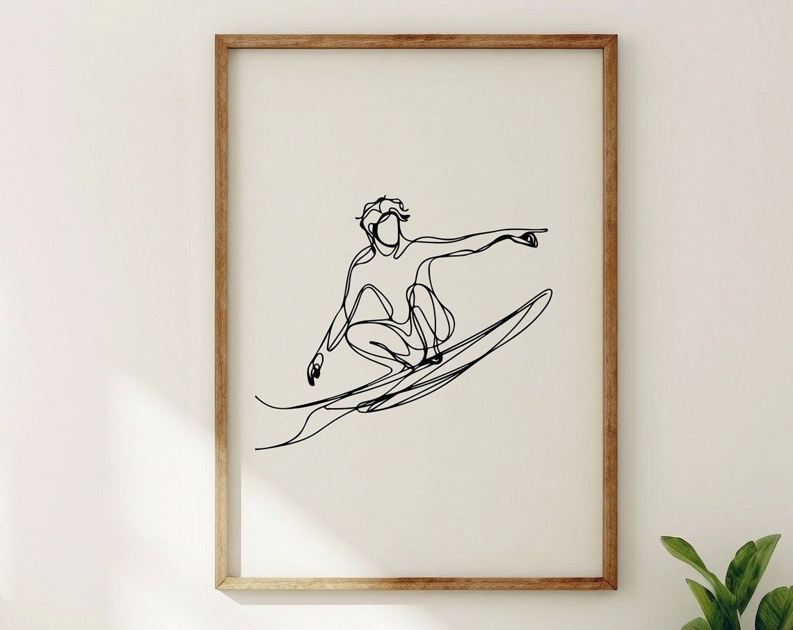 Surfer Line Art Poster Dynamic Surfboarder in One Line Style