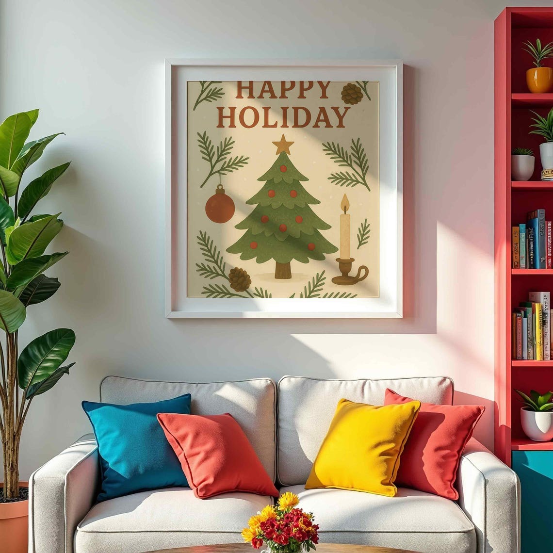 Retro Happy Holiday Vintage Folk Christmas Tree Holiday Poster