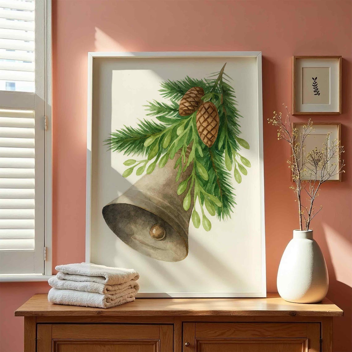 Silver Christmas Bell Watercolor Pine Cones Greenery Poster Art