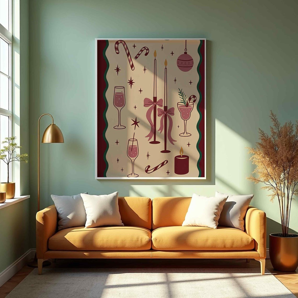 Retro Christmas Champagne Candy Cane Candles Holiday Wall Art