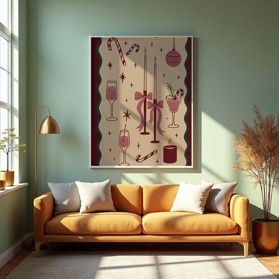 Retro Christmas Champagne Candy Cane Candles Holiday Wall Art