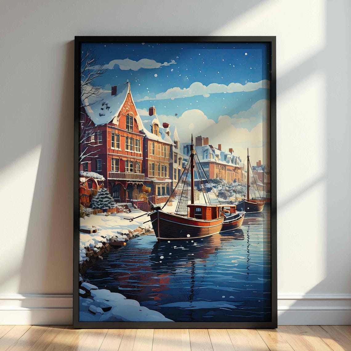 Snowy Winter Canal Town Boats Falling Snow Blue Night Christmas Poster