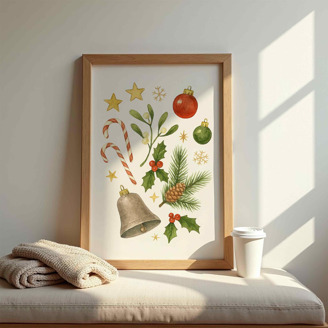 Watercolor Christmas Ornaments Candy Cane Holly Holiday Wall Art