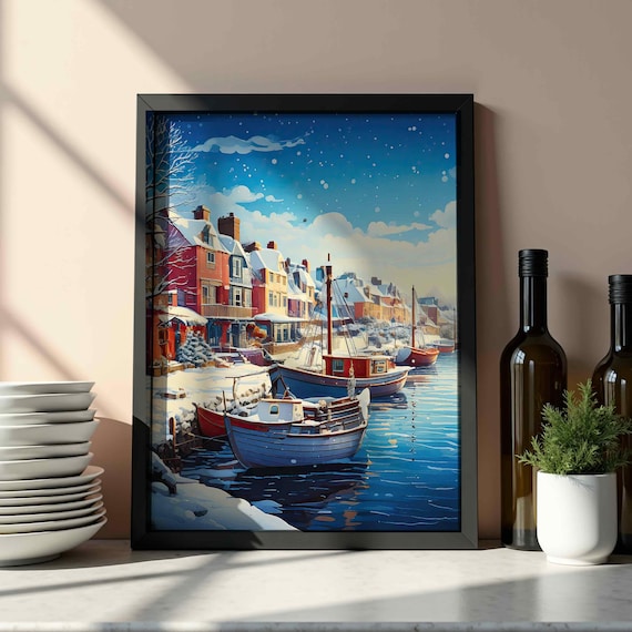 Snowy Harbor Blue Boats Winter Waterfront Houses Christmas Wall Art
