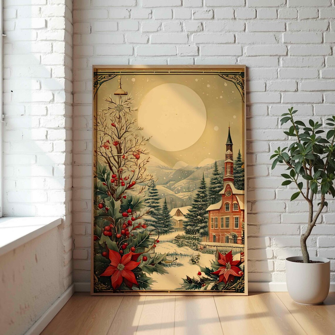 Moonlit Christmas Village Church Holly Vintage Winter Holiday Poster