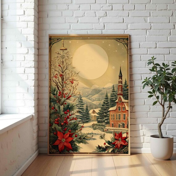 Moonlit Christmas Village Church Holly Vintage Winter Holiday Poster