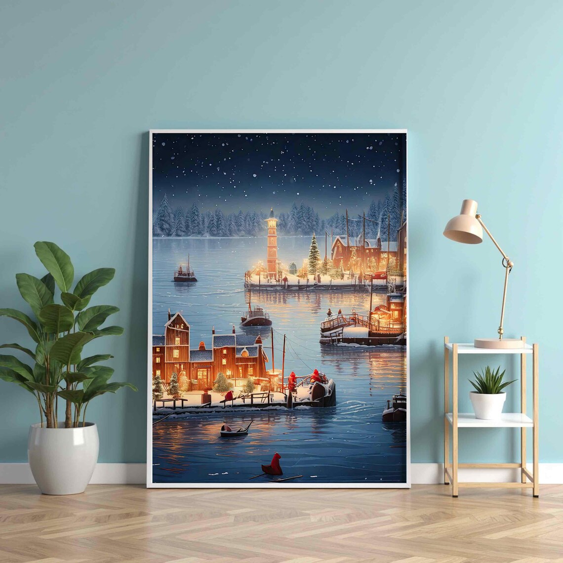 Winter Harbor Christmas Night Snowy Village Lighthouse Boats Scene Poster