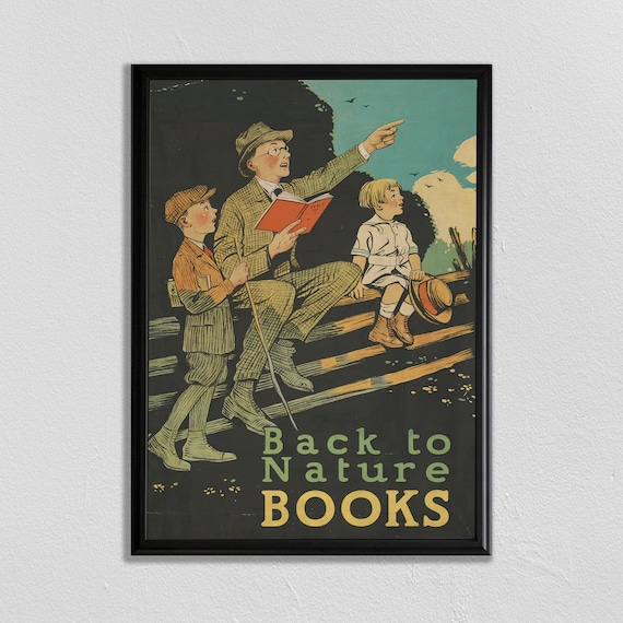 Back to Nature Books Vintage Reading Poster Father and Two Kids