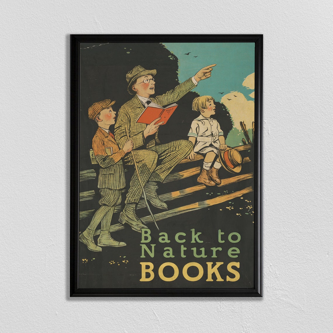 Back to Nature Books Vintage Reading Poster Father and Two Kids