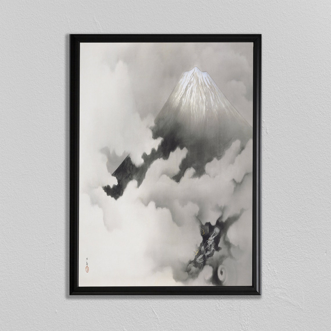 Mount Fuji Through Clouds Japanese Ink Wash Minimalist Nature Poster - Image 2