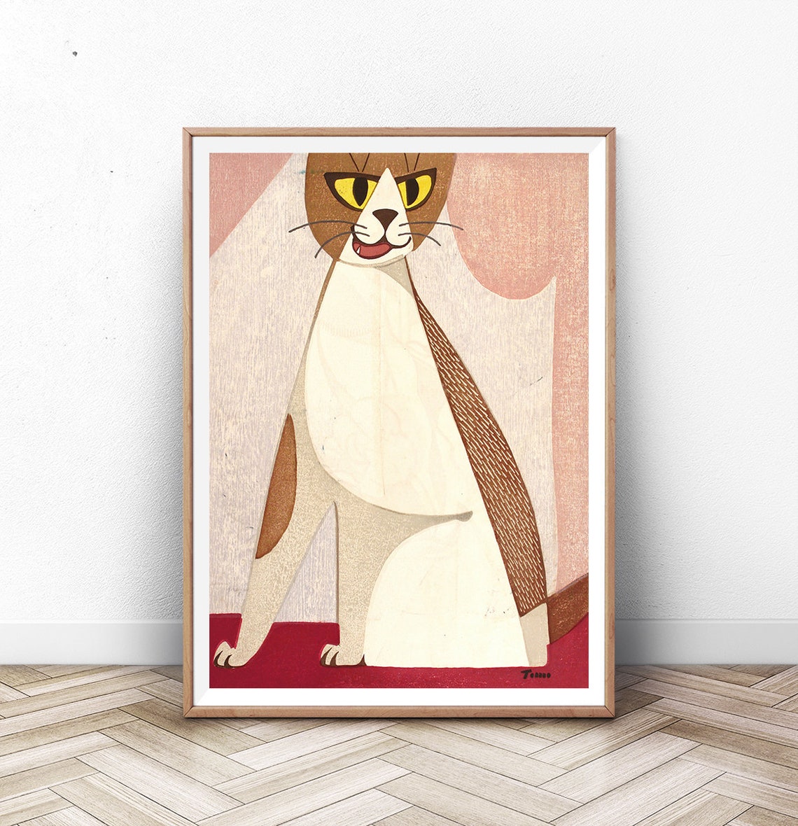 White Cat Japanese Woodblock Tama Signed Vintage Feline Art Print