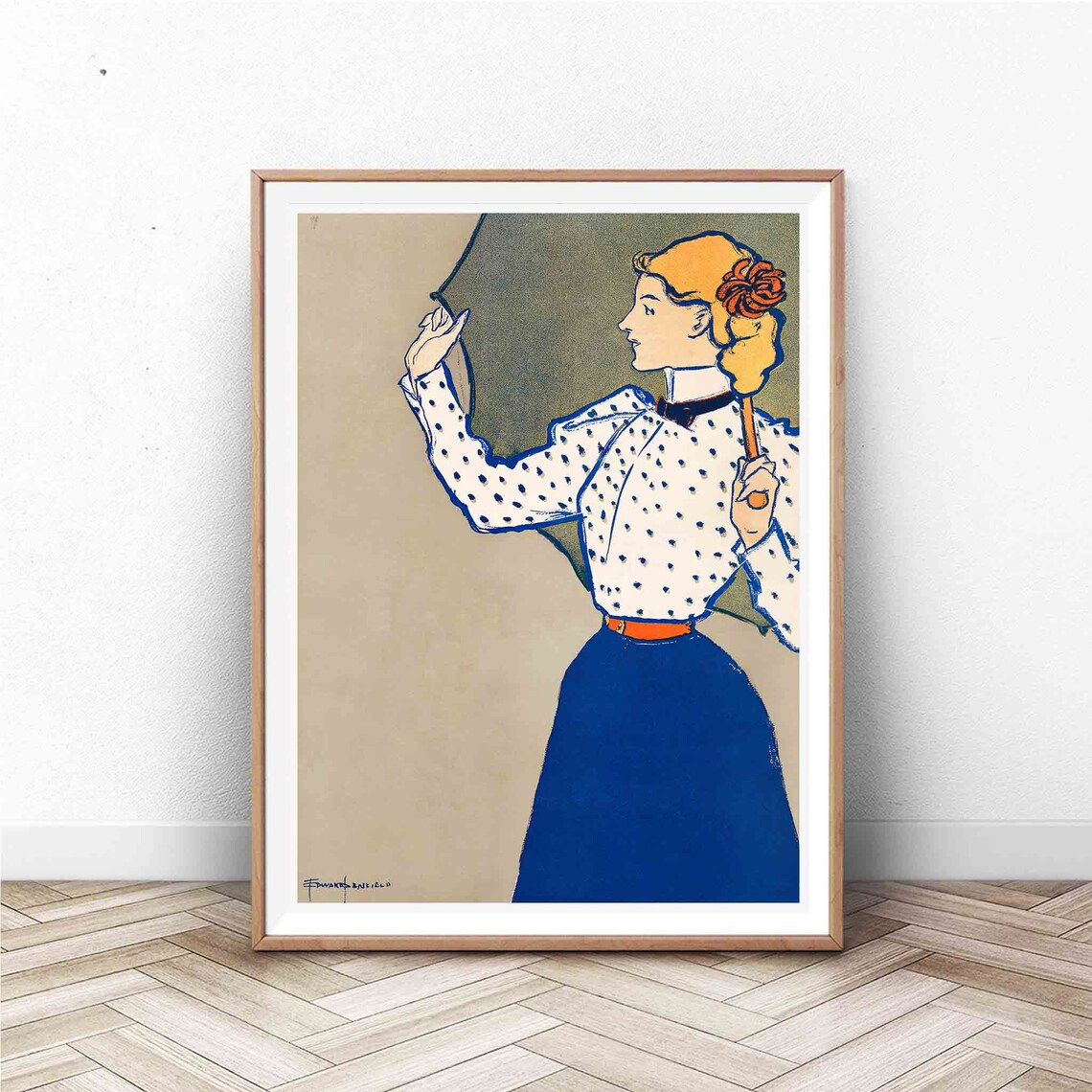 Gibson Girl Style Woman with Umbrella Vintage Illustration Poster