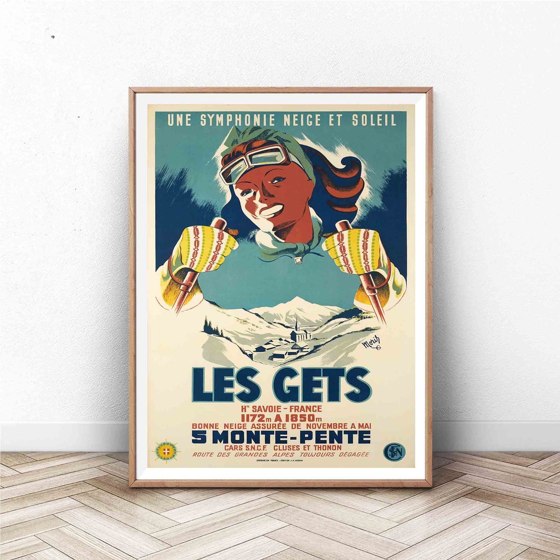 Les Gets Vintage French Alps Ski Poster 5 Monte Pente Snow Sunshine