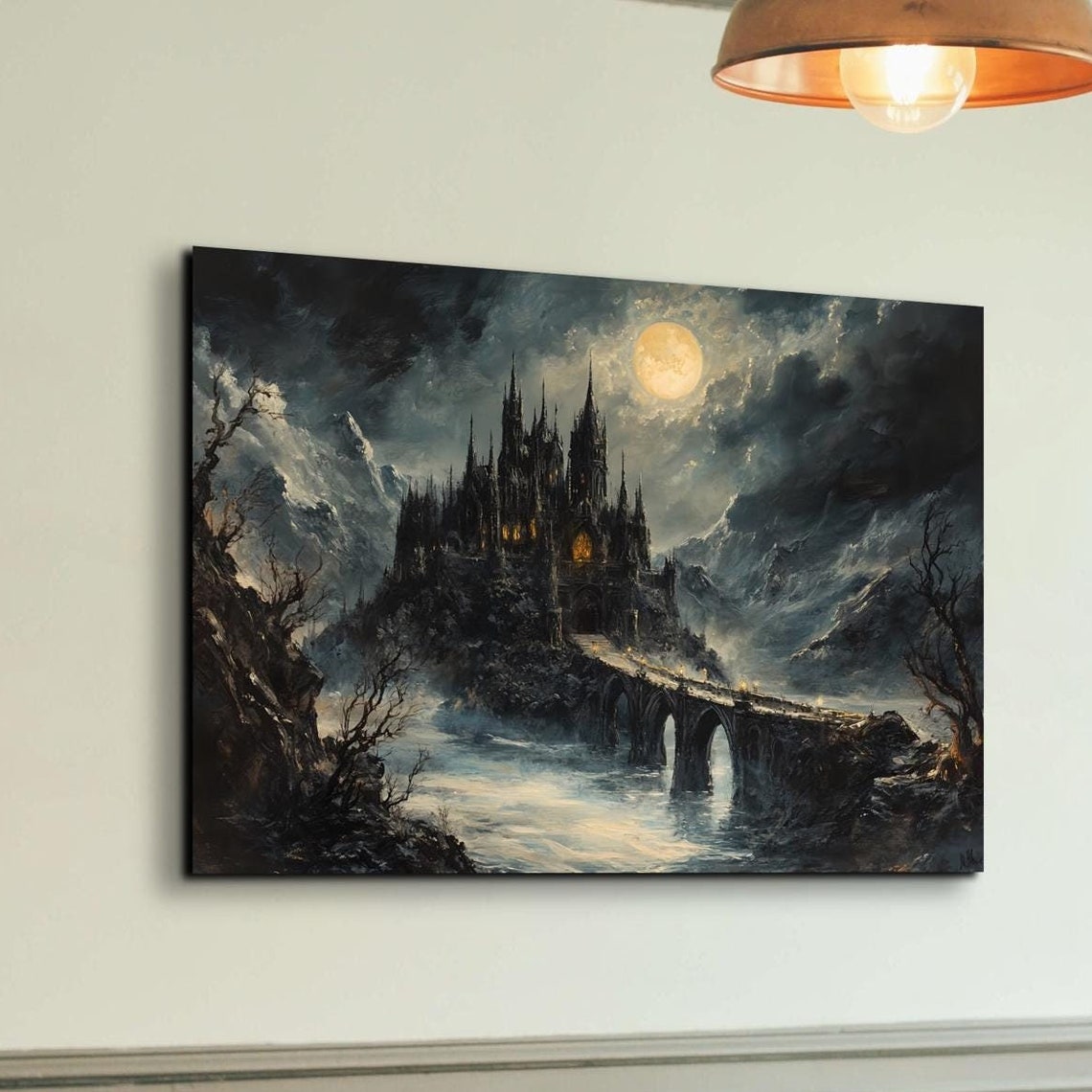 Draculas Gothic Castle Under Full Moon With Stone Bridge Poster