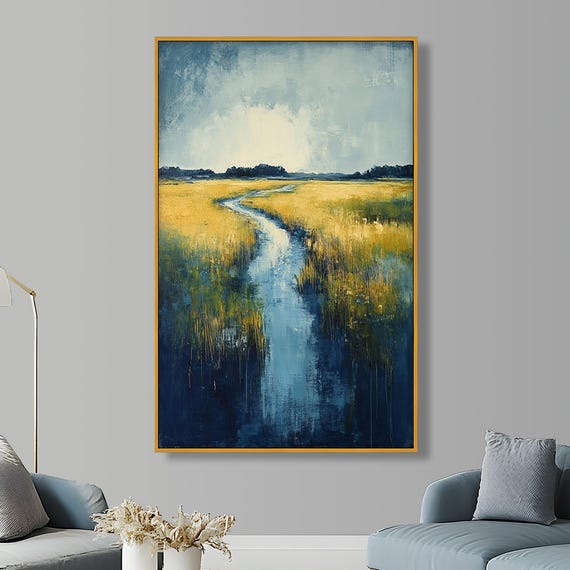 Golden Field, Serene River Landscape Art Print
