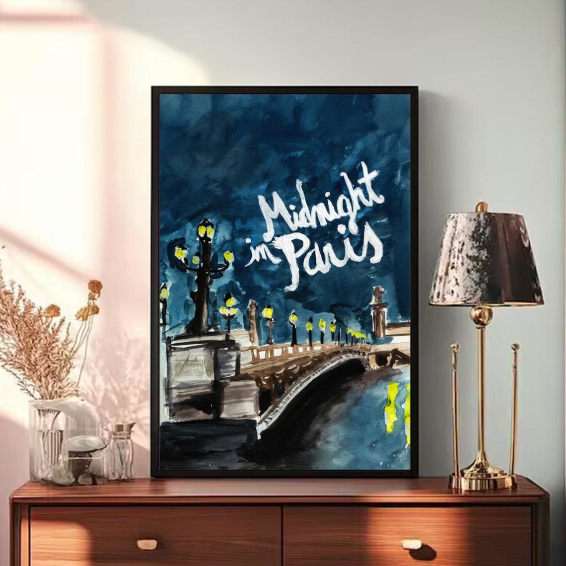 Midnight In Paris Movie Night Bridge Watercolor Painting Poster - Image 3