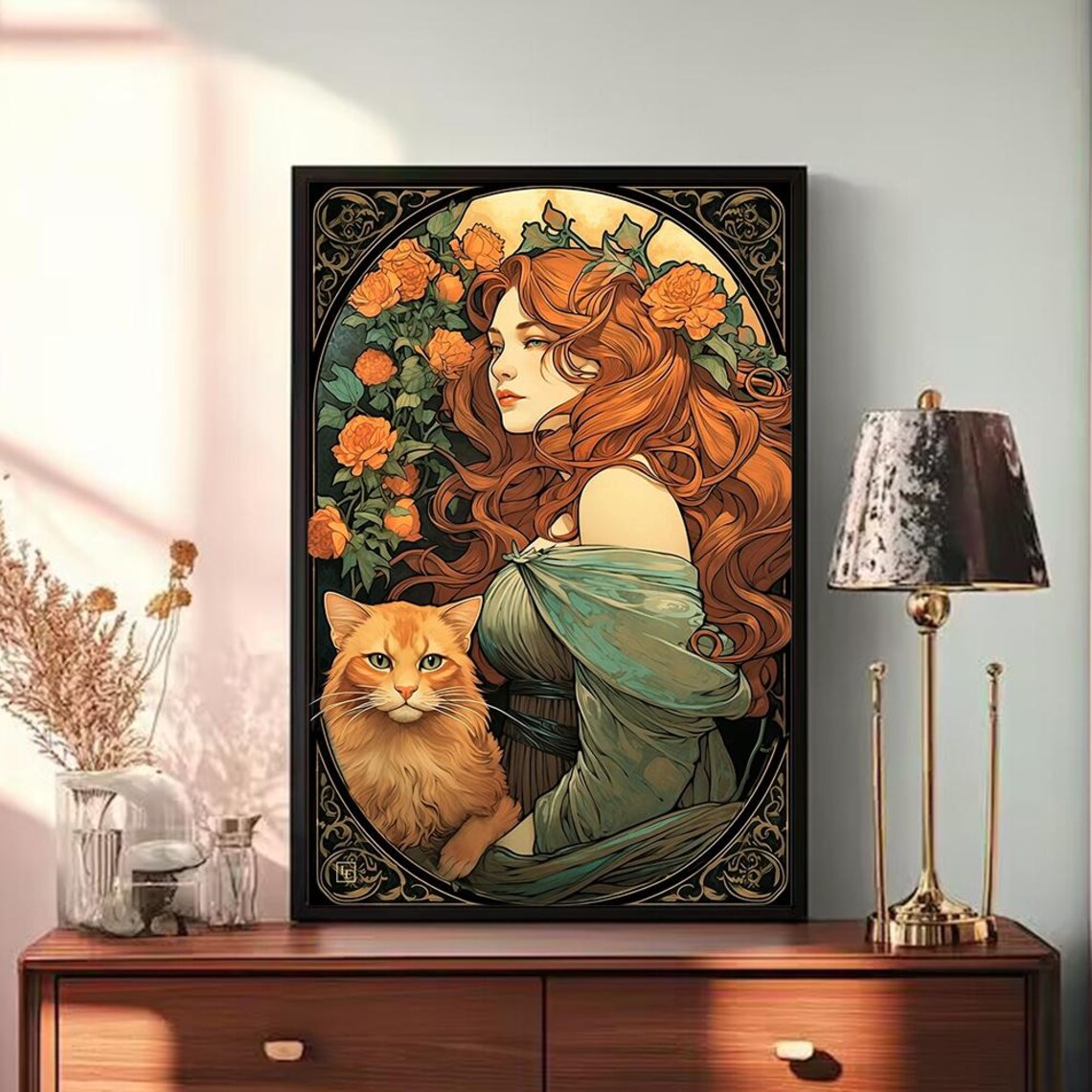 Art Nouveau Woman With Orange Cat Floral Rose Illustration Poster - Image 3