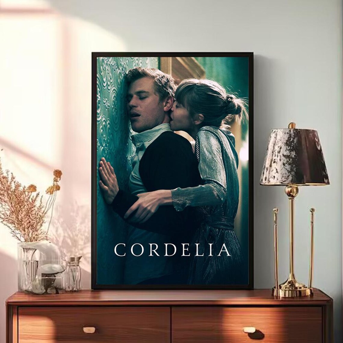 Cordelia Romantic Thriller Film Couple Embrace Teal Wall Poster - Image 3