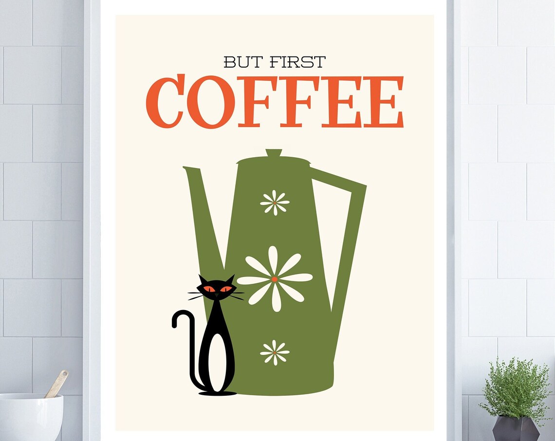 Cat And Coffee, Mid Century Modern Kitchen Art Print