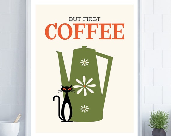 Cat And Coffee, Mid Century Modern Kitchen Art Print