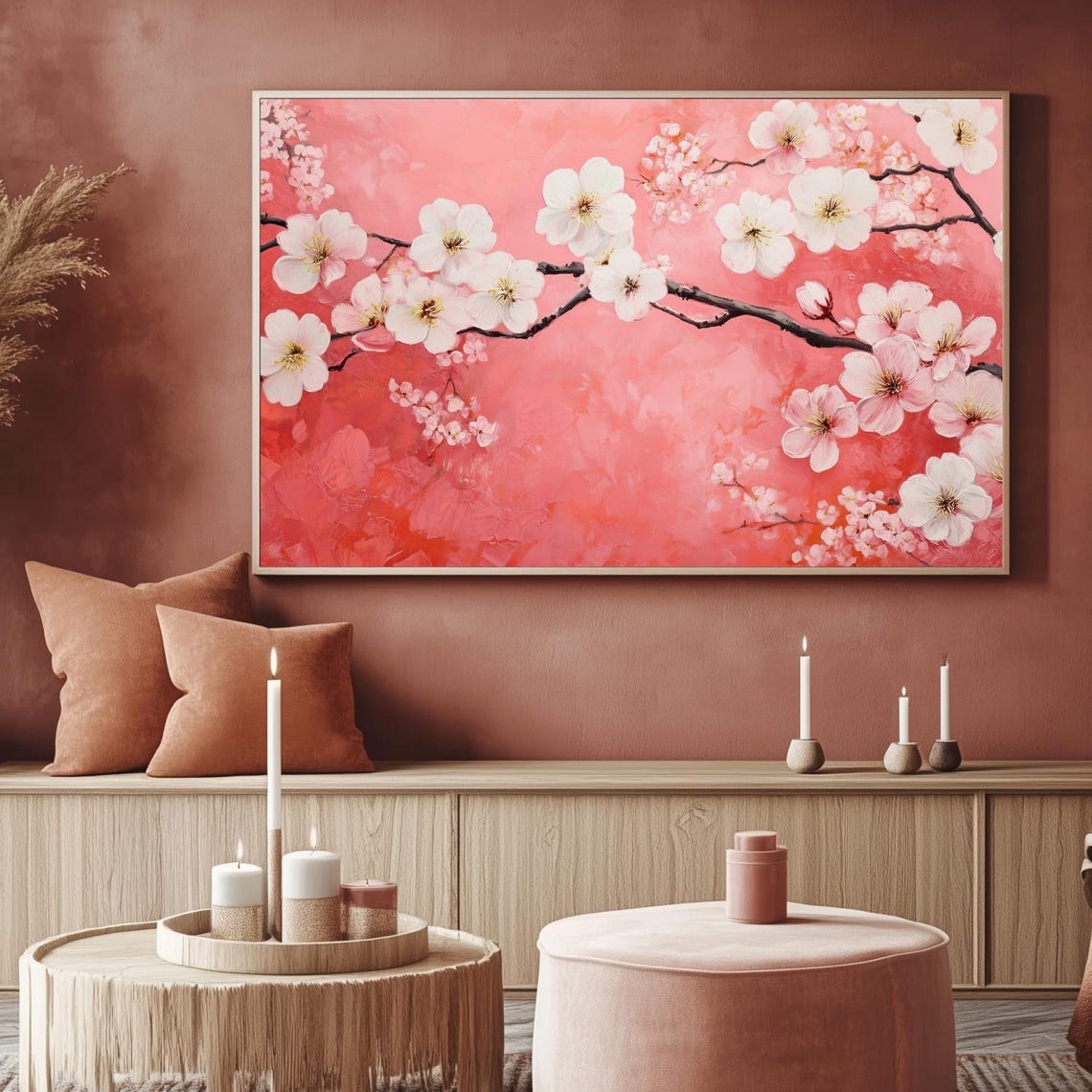 White Cherry Blossoms Coral Pink Spring Floral Art Frame TV Poster - Image 2