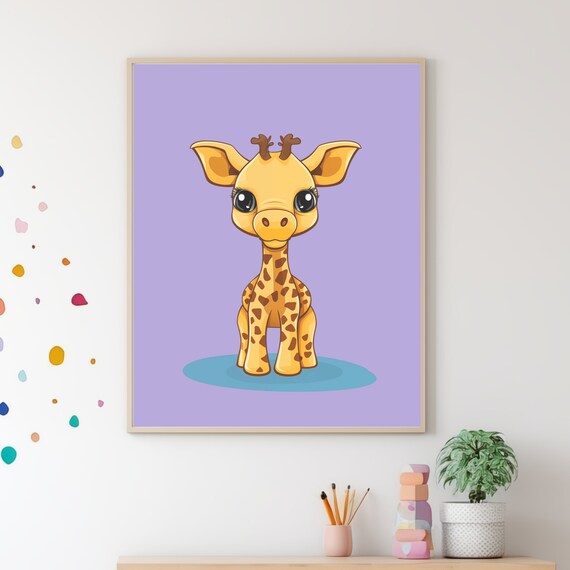 Cute Baby Giraffe Cartoon Purple Safari Nursery Kids Room Wall Poster