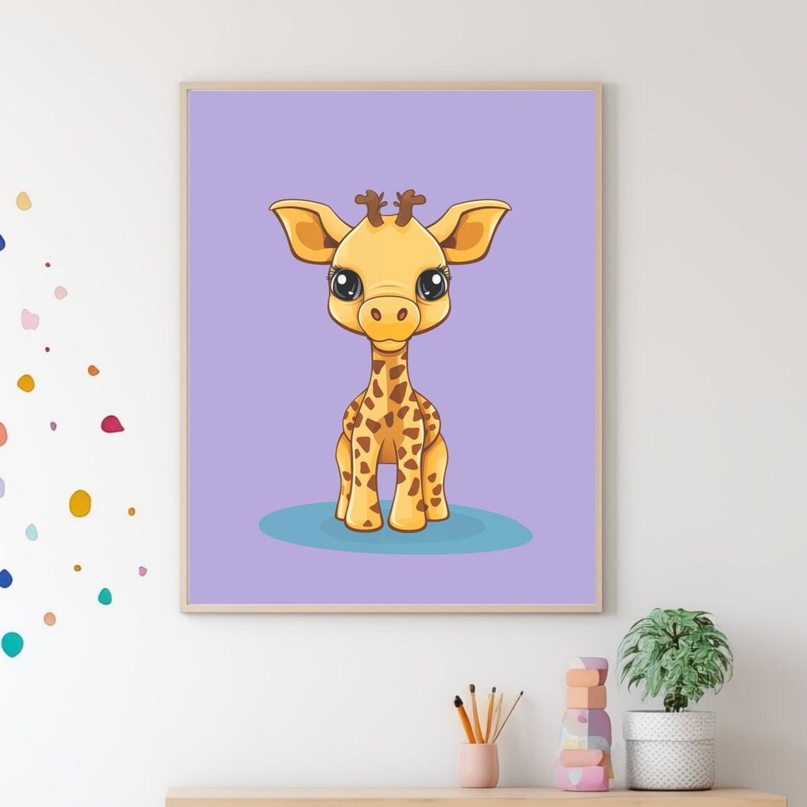 Cute Baby Giraffe Cartoon Purple Safari Nursery Kids Room Wall Poster