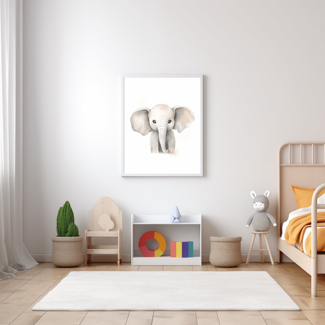 Sweet Baby Elephant Watercolor Portrait White Safari Nursery Wall Art - Image 5