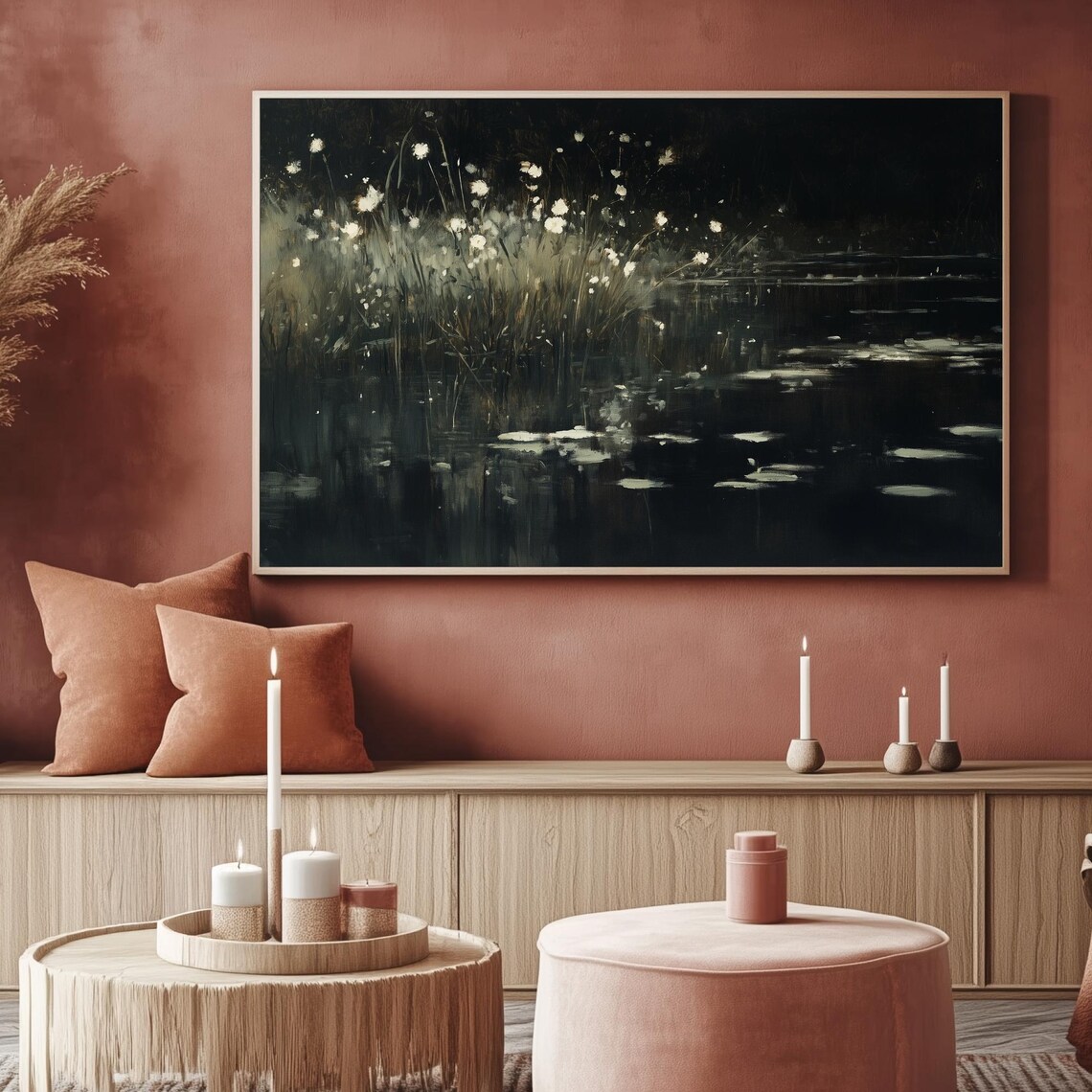 Moody Wildflowers Night Lake Botanical Painting Frame TV Poster - Image 2