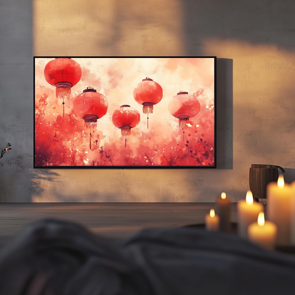 Red Chinese Lanterns Watercolor Lunar New Year Art Frame TV Poster - Image 3