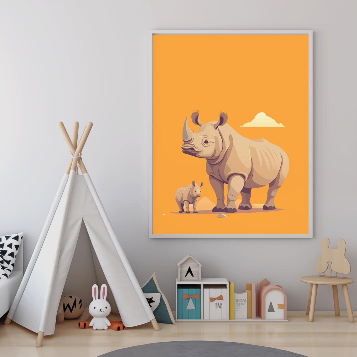 Mommy And Baby Rhino Standing Sunset Orange Nursery Wall Art Poster - Image 4