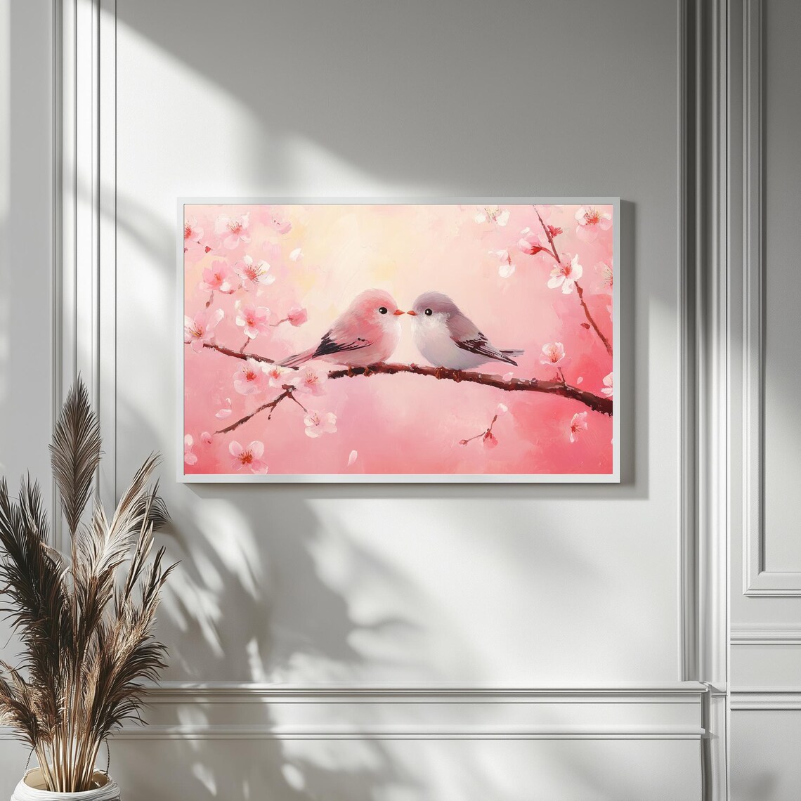 Lovebirds Kissing On Cherry Blossom Branch Pink Spring Painting Poster - Image 5