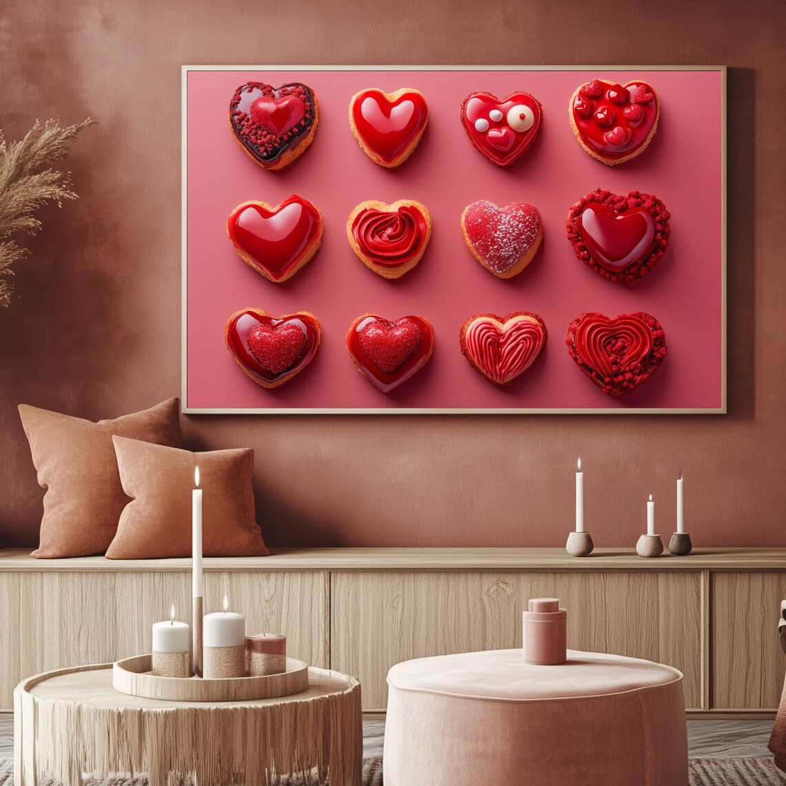 Red Heart Cookies Valentines Day Grid Pattern Dessert Art TV Poster - Image 2