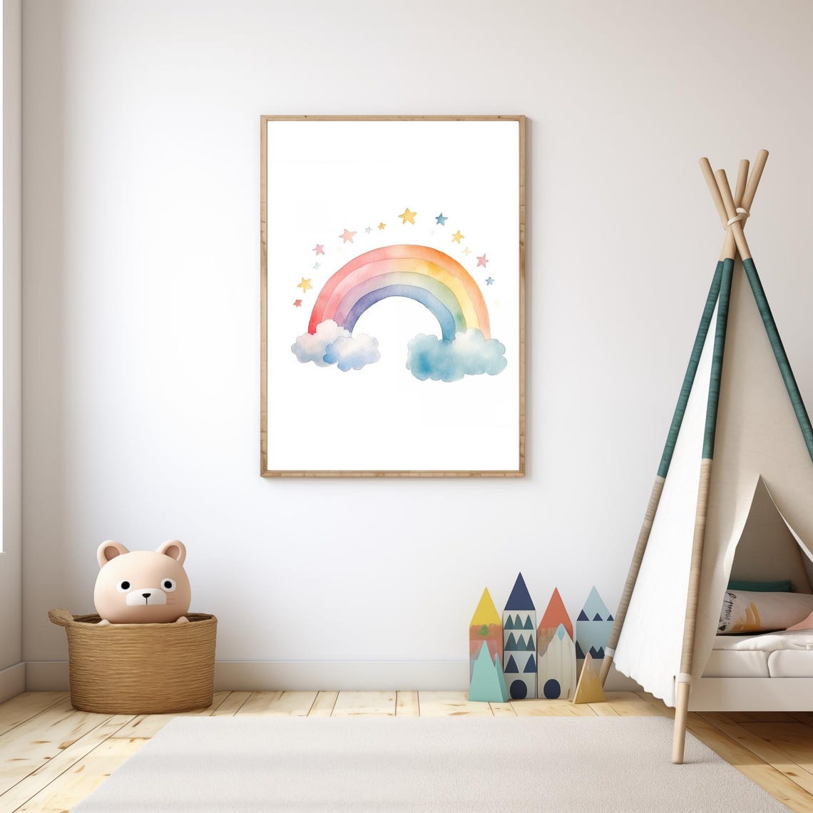 Watercolor Rainbow With Clouds And Stars Nursery Wall Art Poster - Image 4