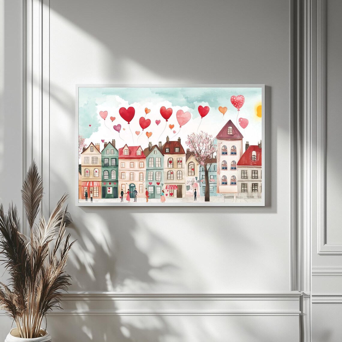 Pink Valentine Village Heart Balloons Cute Watercolor Street Poster - Image 4