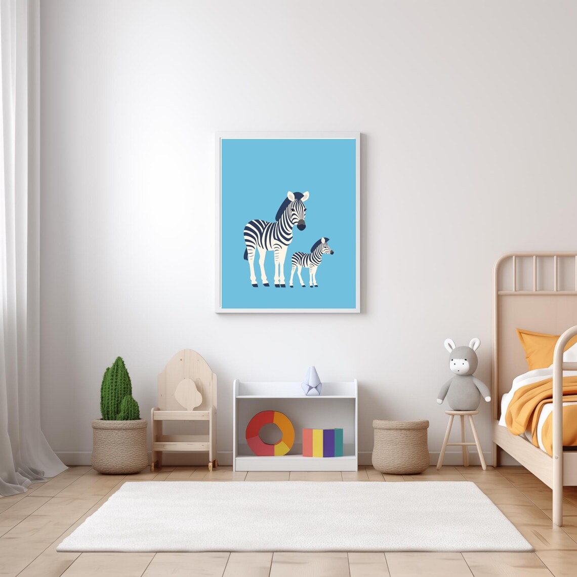 Mommy And Baby Zebra Standing Blue Background Nursery Wall Art - Image 5
