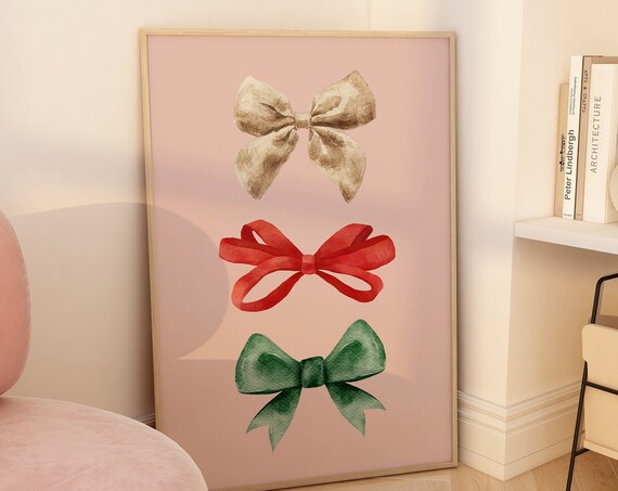 Christmas Watercolor Ribbon Bows Gold Red Green Holiday Decor Poster