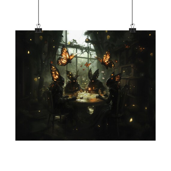 Mothman Creatures Playing Cards Around a Candlelit Table Gothic Art Poster