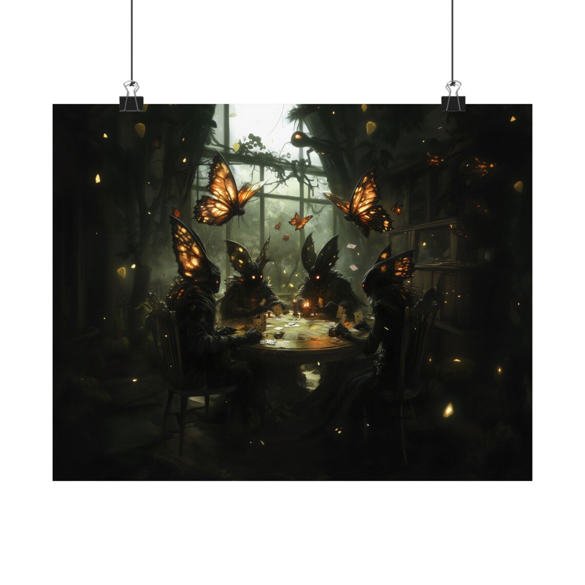 Mothman Creatures Playing Cards Around a Candlelit Table Gothic Art Poster